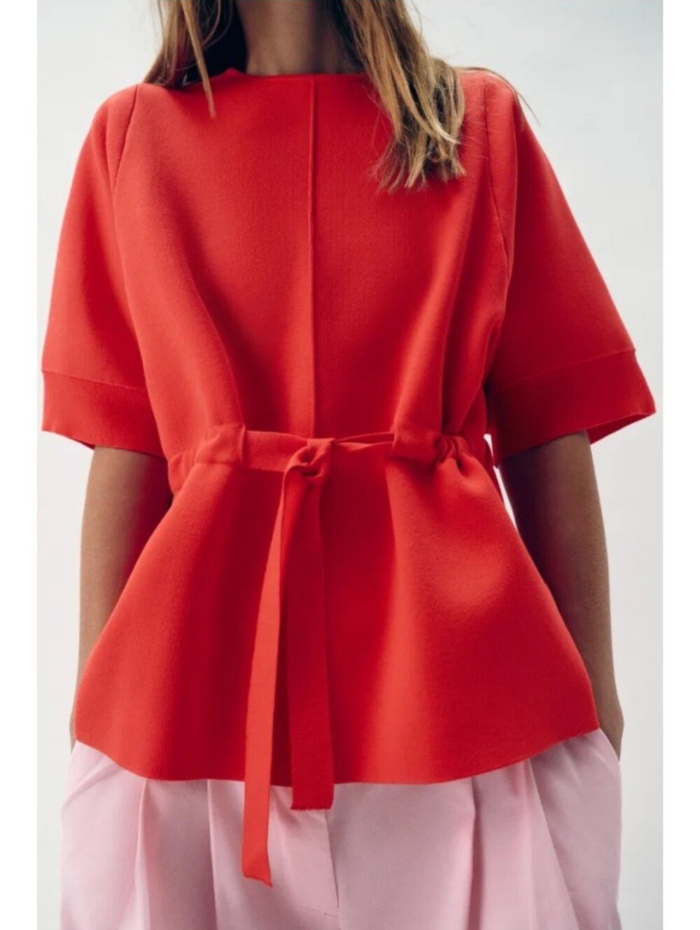 Zara Red Tie-Waist Short Sleeve Knitted Jumper Top